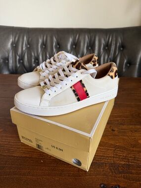 Michael Kors White Sneakers with Red Stripe and Leopard Heel